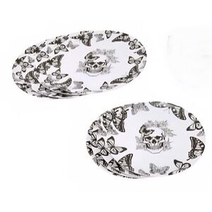 Skull and Butterfly Melamine Plate Set 8pc Gothic Black White Dinnerware Service